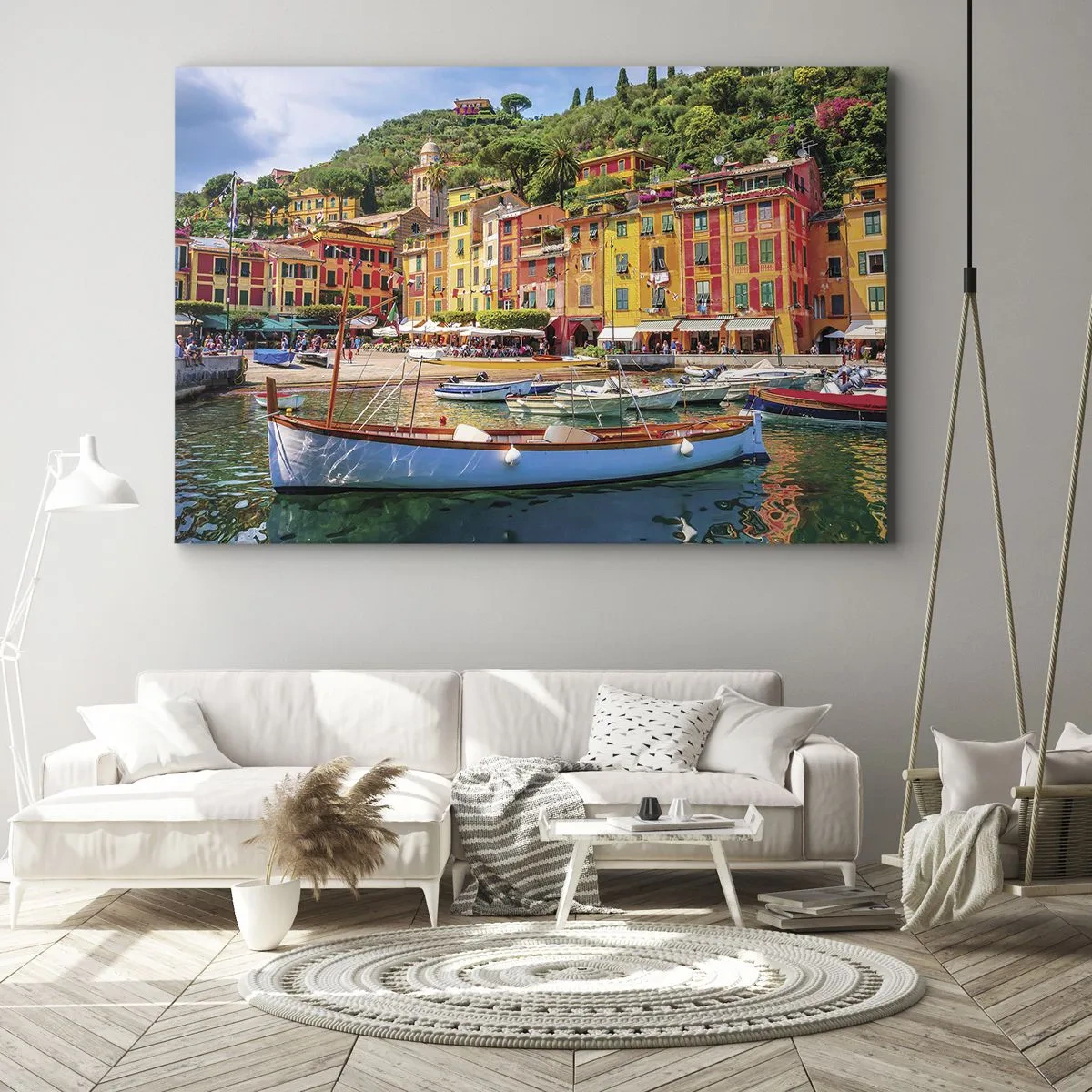 Obraz na plátně - Barevné řadové domy a lodě v italském přímořském městečku - 70x50cm - Italské dopoledne - Moderní nástěnná dekorace do obývacího pokoje a ložnice ARTTOR