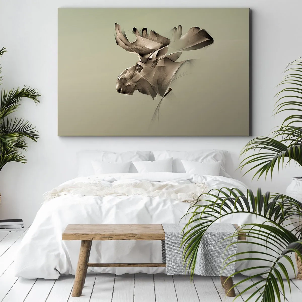 Obraz na plátně - Abstraktní obraz losa na minimalistickém pozadí - 70x50cm - Jemná síla klidu - Moderní nástěnná dekorace do obývacího pokoje a ložnice ARTTOR