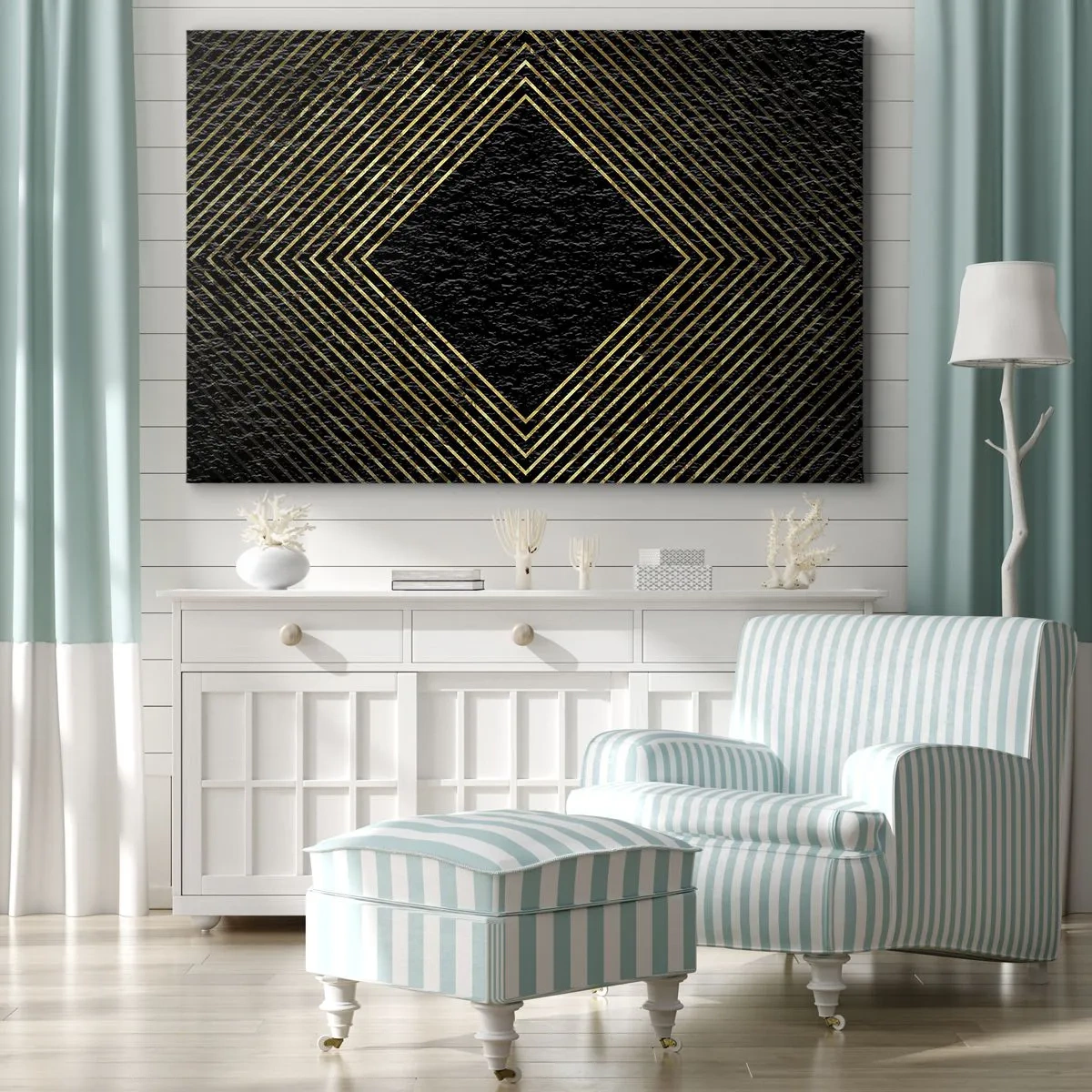 Obraz na plátně - Černé pozadí s geometrickým vzorem zlatých čar - 70x50cm - Geometrie ve stylu glamour - Moderní nástěnná dekorace do obývacího pokoje a ložnice ARTTOR