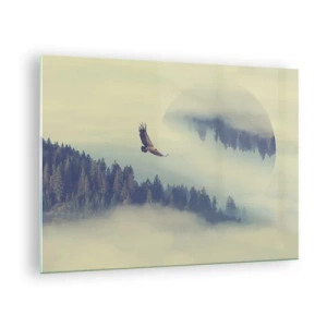 Obraz na skle - Orel v letu nad lesem zahaleným v mlze se surrealistickým odrazem. - 70x50cm - Viděla jsem stín orla - Moderní nástěnná dekorace do obývacího pokoje a ložnice ARTTOR