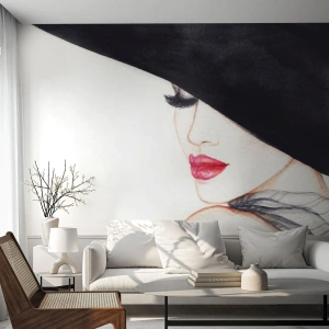 Fototapeta Samolepicí Deluxe Sticker - Elegance a smyslnost - Žena, červené rty, Černý klobouk - 200x140 cm