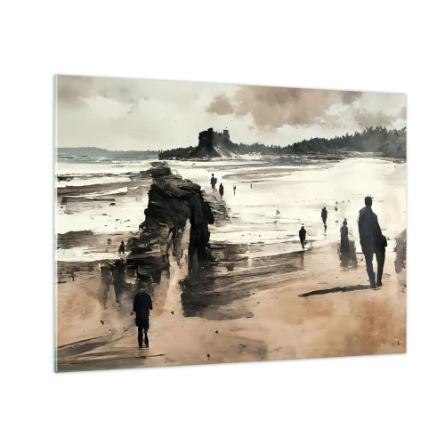 Obraz na skle - Siluety kráčející po široké pláži pod zataženou oblohou - 70x50cm - Vyvolaní - Moderní nástěnná dekorace do obývacího pokoje a ložnice ARTTOR