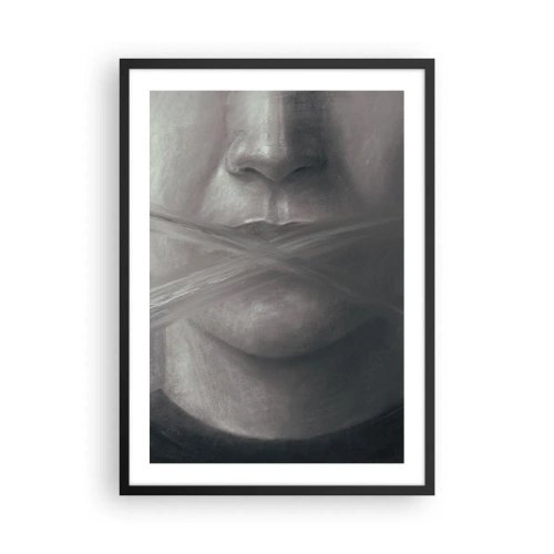 Plakát v černém rámu - Symbolická tvář se zakrytými ústy v monochromatických barvách. - 50x70cm - Ani slovo - Moderní nástěnná dekorace do obývacího pokoje a ložnice ARTTOR