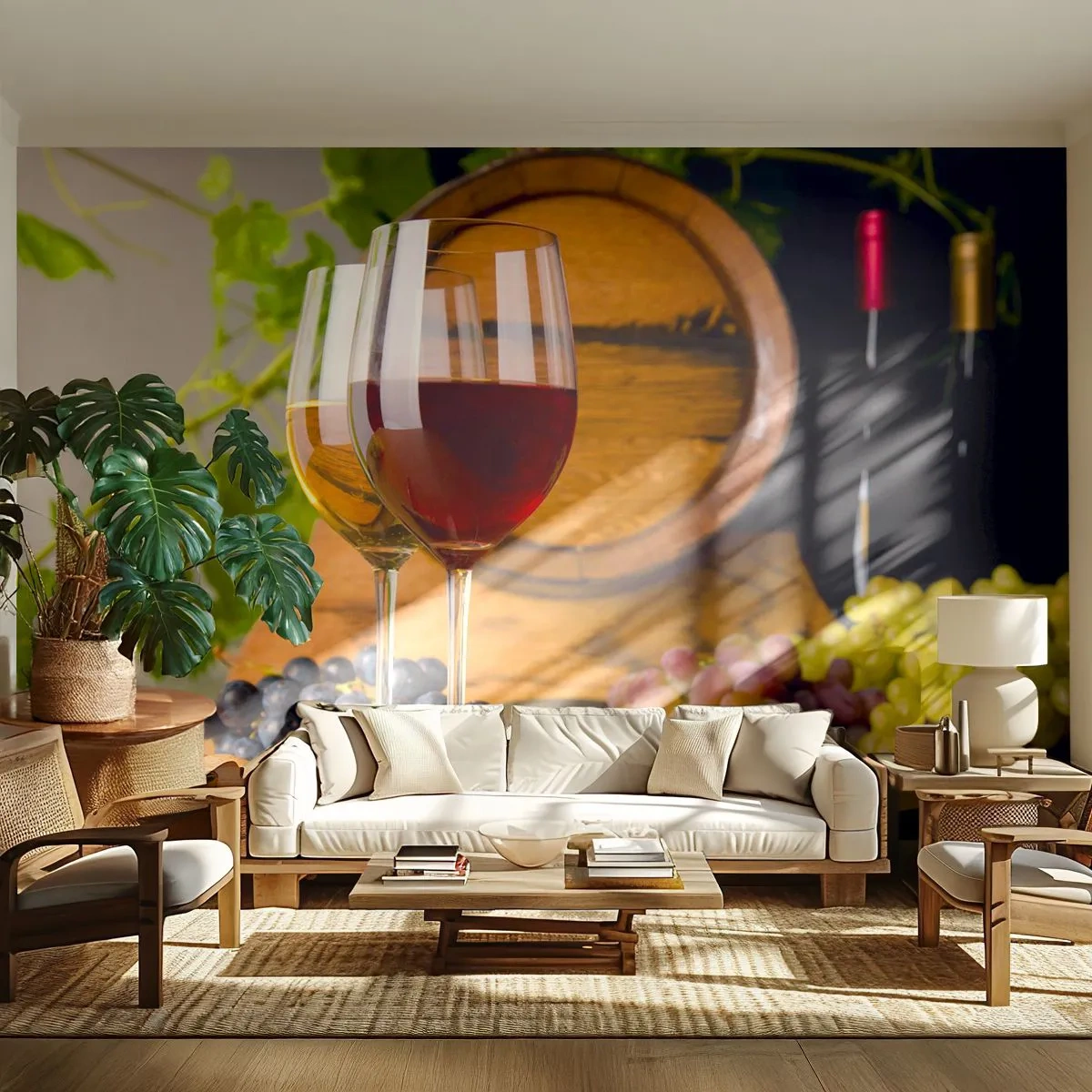 Fototapeta Samolepicí Deluxe Sticker - Jako u starých mistrů - Vinný sud, Hroznová, Sklenice vína - 250x175 cm