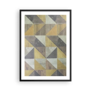 Plakát v černém rámu - Geometrický vzor v odstínech zlaté a šedé - 50x70cm - V úhlu trojúhelníku - Moderní nástěnná dekorace do obývacího pokoje a ložnice ARTTOR