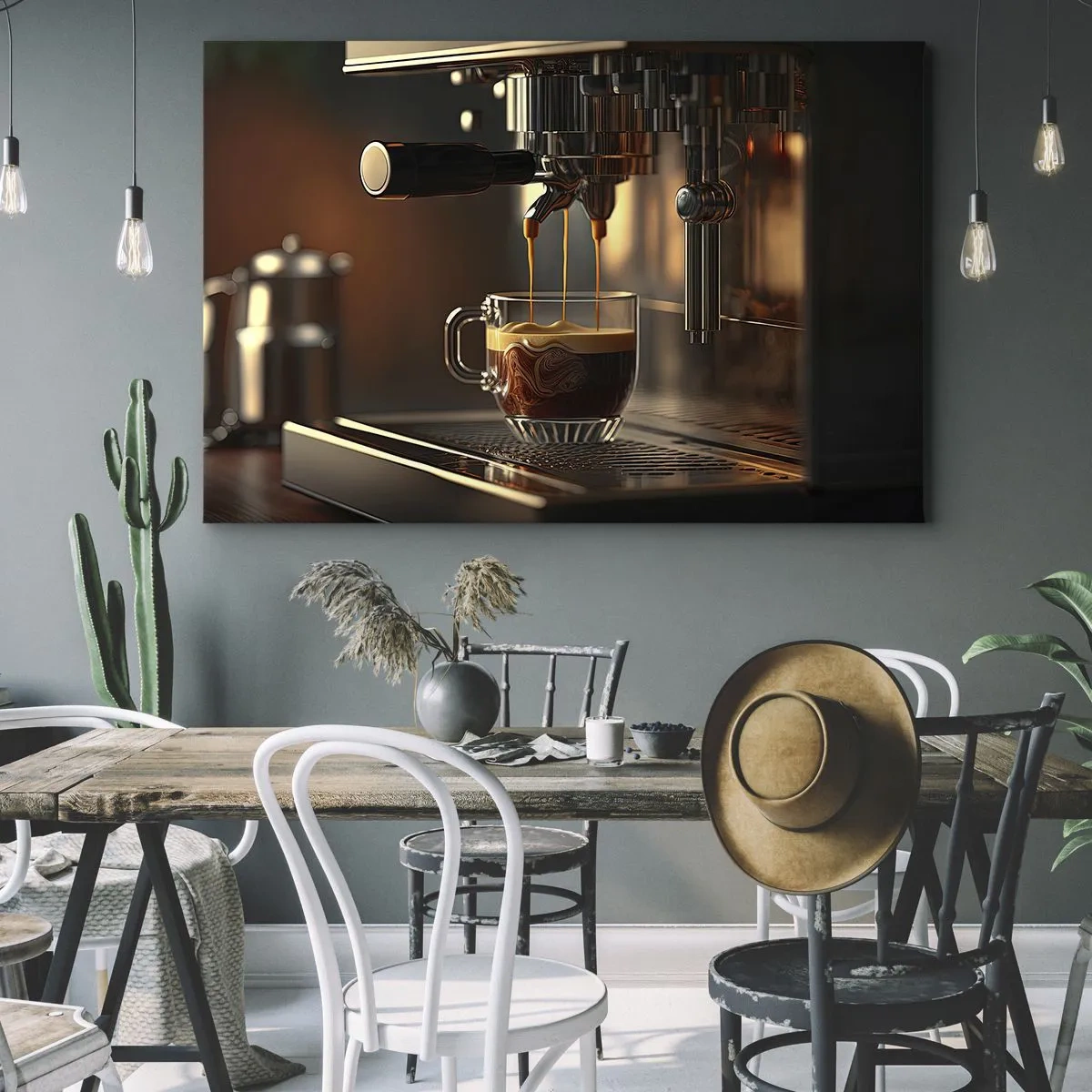 Obraz na plátně - Kávovar s šálkem aromatického espressa - 70x50cm - Smyslná směs - Moderní nástěnná dekorace do obývacího pokoje a ložnice ARTTOR