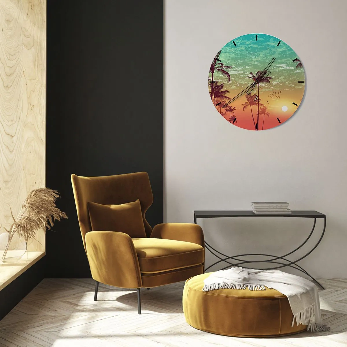 Nástěnné hodiny - Palmy proti obloze v odstínech západu slunce - 30x30cm - Tropické klima - Moderní nástěnná dekorace do obývacího pokoje, kuchyně a ložnice ARTTOR