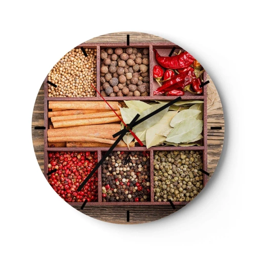 Nástěnné hodiny - Koření v dřevěných přihrádkách - 30x30cm - Pořádek tvarů, buket vůní - Moderní nástěnná dekorace do obývacího pokoje, kuchyně a ložnice ARTTOR