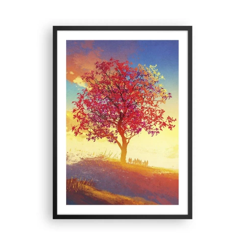 Plakát v černém rámu - Strom s červenými listy na pozadí zapadajícího slunce - 50x70cm - Poutník u cíle - Moderní nástěnná dekorace do obývacího pokoje a ložnice ARTTOR