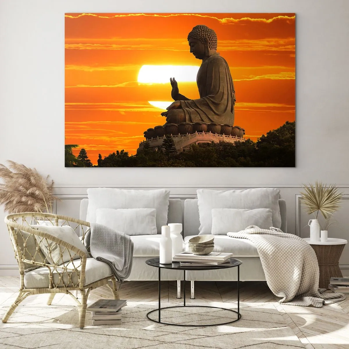 Obraz na skle - Socha Buddhy na pozadí zapadajícího slunce - 70x50cm - Bez strachu ze světa - Moderní nástěnná dekorace do obývacího pokoje a ložnice ARTTOR