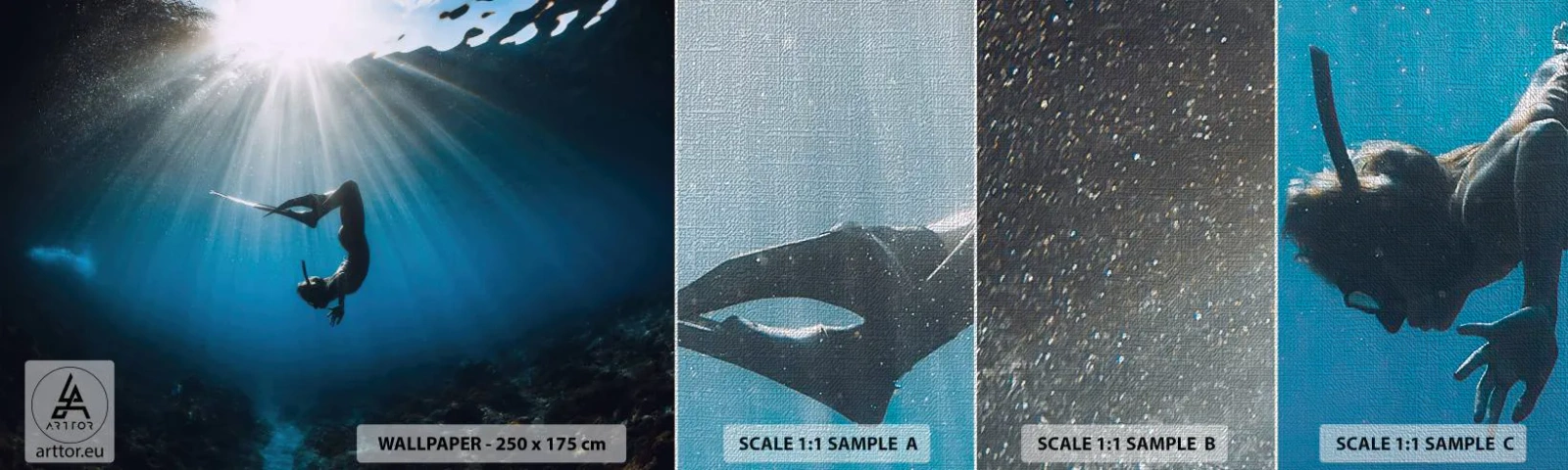 Vzor Fototapety Premium Canvas - Podvodní tanec - Podvodní jeskyně, Paprsky slunce, Potápění - 100x30 cm