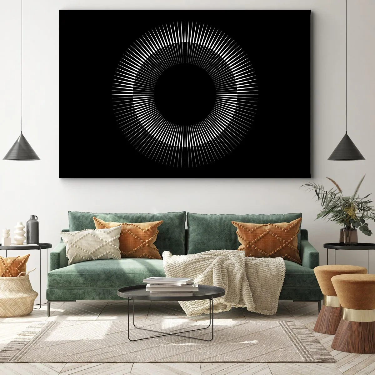 Obraz na plátně - Grafický kruh s paprsky v černé a bílé - 70x50cm - Černé slunce - Moderní nástěnná dekorace do obývacího pokoje a ložnice ARTTOR