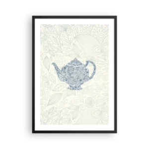 Plakát v černém rámu - Dekorativní ilustrace konvice na čaj s jemným vzorem na světlém pozadí. - 50x70cm - Čajové kouzlo - Moderní nástěnná dekorace do obývacího pokoje a ložnice ARTTOR