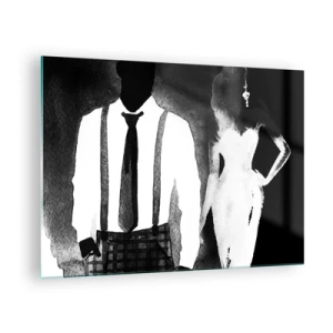 Obraz na skle - Černá a bílá silueta elegantního noir páru - 70x50cm - Ve stylu noir - Moderní nástěnná dekorace do obývacího pokoje a ložnice ARTTOR