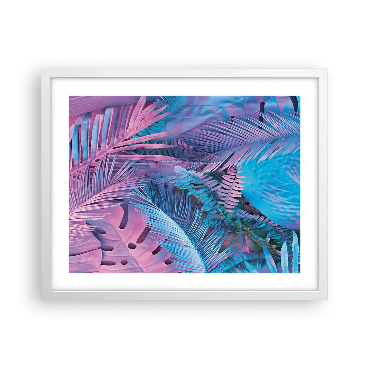 Plakát v bílém rámu - Tropy v růžové a modré - 50x40 cm