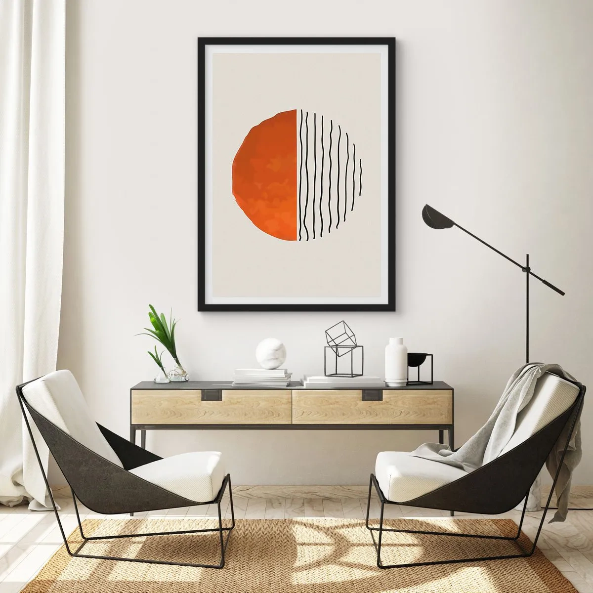 Plakát v černém rámu - Abstraktní kruh s oranžovou a lineární polovinou - 50x70cm - V japonské atmosféře - Moderní nástěnná dekorace do obývacího pokoje a ložnice ARTTOR