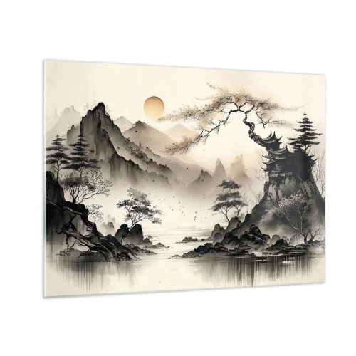 Obraz na skle - Orientální horská krajina s pagodou a stromy - 70x50cm - Jedinečné kouzlo orientu - Moderní nástěnná dekorace do obývacího pokoje a ložnice ARTTOR