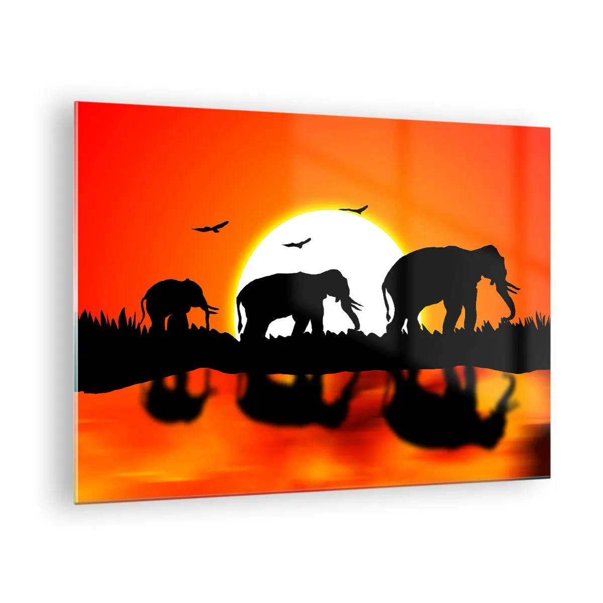 Obraz na skle - Siluety slonů proti zapadajícímu slunci - 70x50cm - A večer na malý drink - Moderní nástěnná dekorace do obývacího pokoje a ložnice ARTTOR