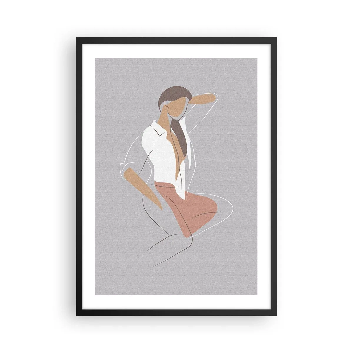 Plakát v černém rámu - Minimalistická silueta ženy na šedém pozadí - 50x70cm - Obrys půvabu - Moderní nástěnná dekorace do obývacího pokoje a ložnice ARTTOR
