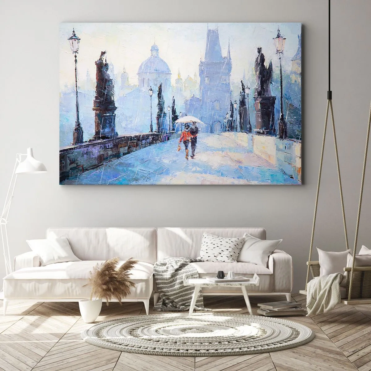 Obraz na plátně - Romantický pár na mostě v dešti, malířská scéna - 70x50cm - Nás musel okouzlit déšť - Moderní nástěnná dekorace do obývacího pokoje a ložnice ARTTOR