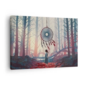 Obraz na plátně - Lesní scéna s obřím lapačem snů - 70x50cm - Tajný rituál štěstí - Moderní nástěnná dekorace do obývacího pokoje a ložnice ARTTOR