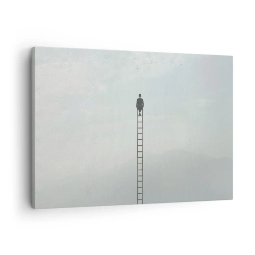Obraz na plátně - Muž na žebříku stoupající k nebi - 70x50cm - Povznést se nad to - Moderní nástěnná dekorace do obývacího pokoje a ložnice ARTTOR