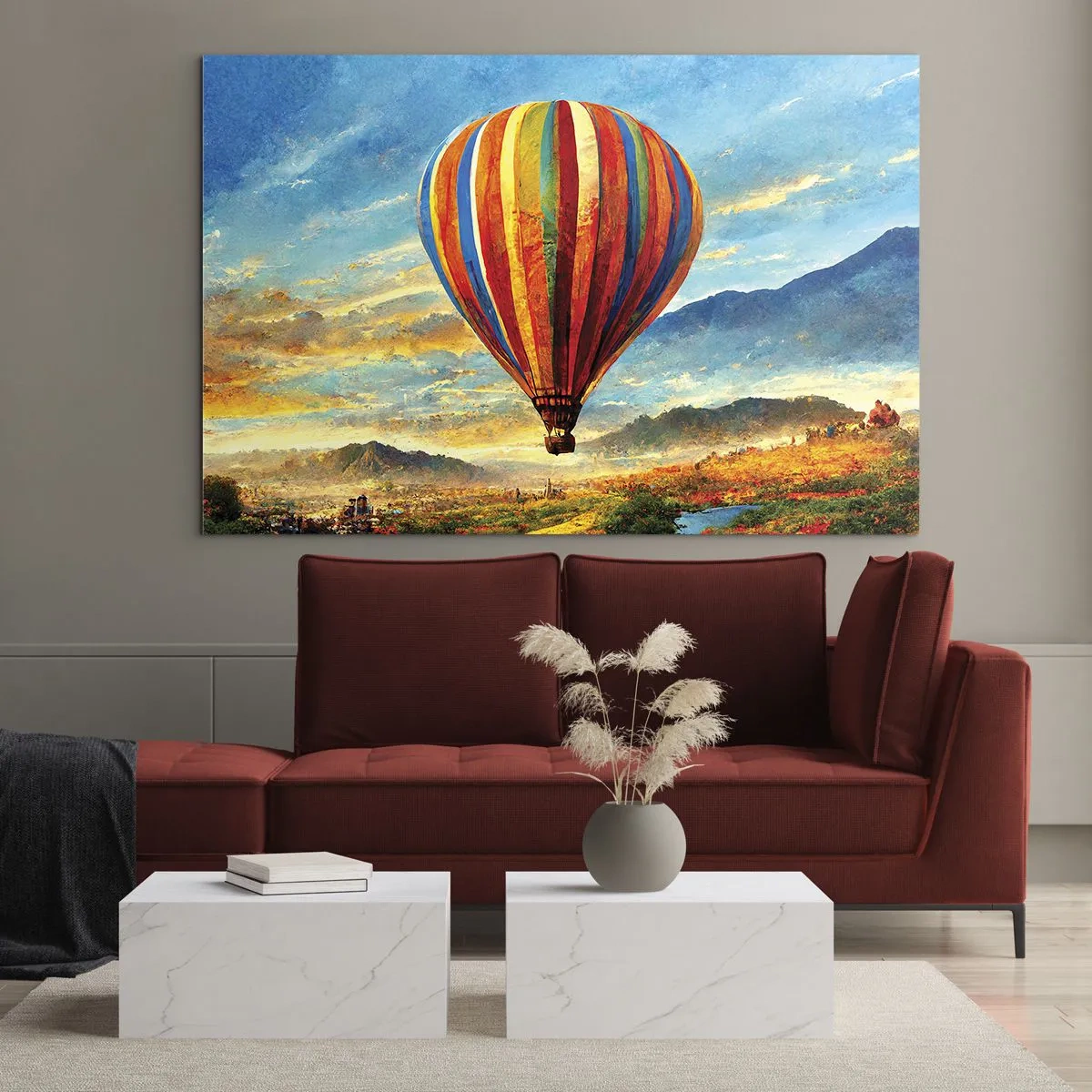 Obraz na skle - Barevný balón vznášející se nad horskou krajinou - 70x50cm - V tichu je toho vidět víc - Moderní nástěnná dekorace do obývacího pokoje a ložnice ARTTOR