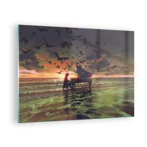 Obraz na skle - Klavírista hrající na klavír na pláži při západu slunce - 70x50cm - Koncert na piano a vlny - Moderní nástěnná dekorace do obývacího pokoje a ložnice ARTTOR