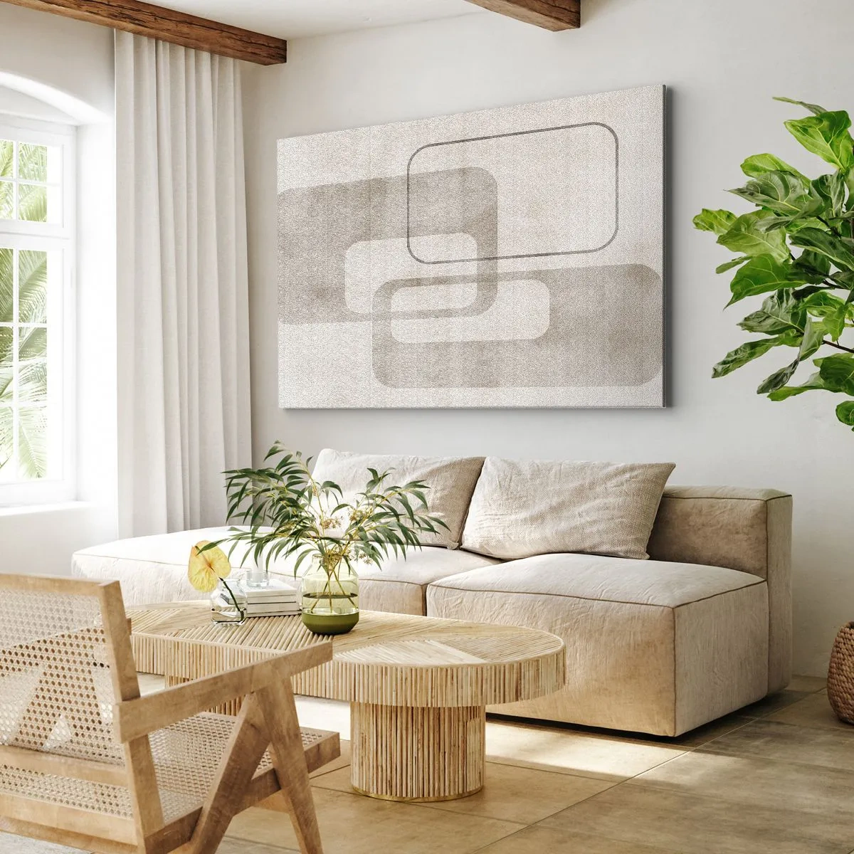 Obraz na plátně - Minimalistická kompozice s obdélníky v béžových odstínech na decentním pozadí. - 70x50cm - Geometrická fuga - Moderní nástěnná dekorace do obývacího pokoje a ložnice ARTTOR