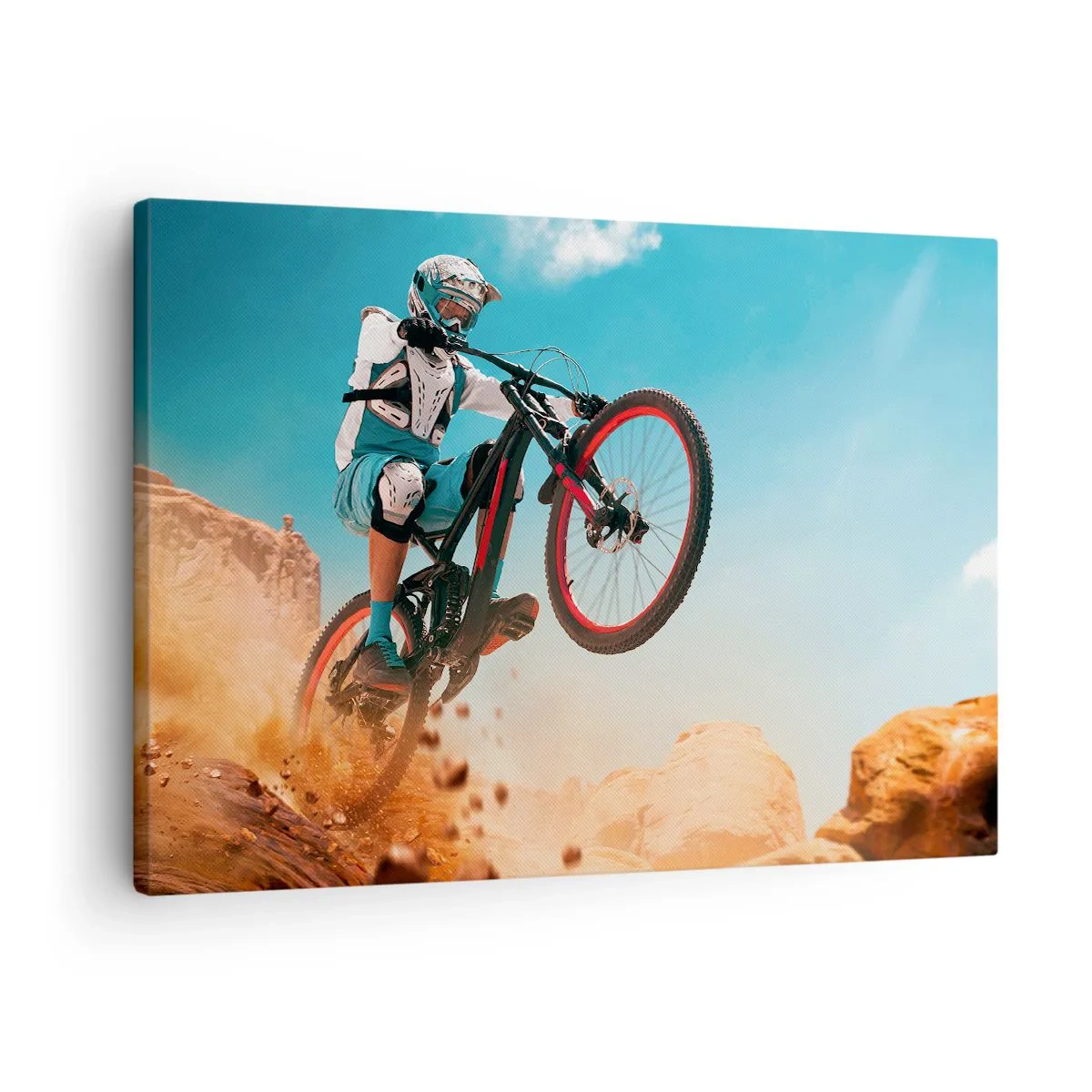 Obraz na plátně - Horský cyklista provádí skok na pozadí skal - 70x50cm - Cyklistický démon šílenství - Moderní nástěnná dekorace do obývacího pokoje a ložnice ARTTOR