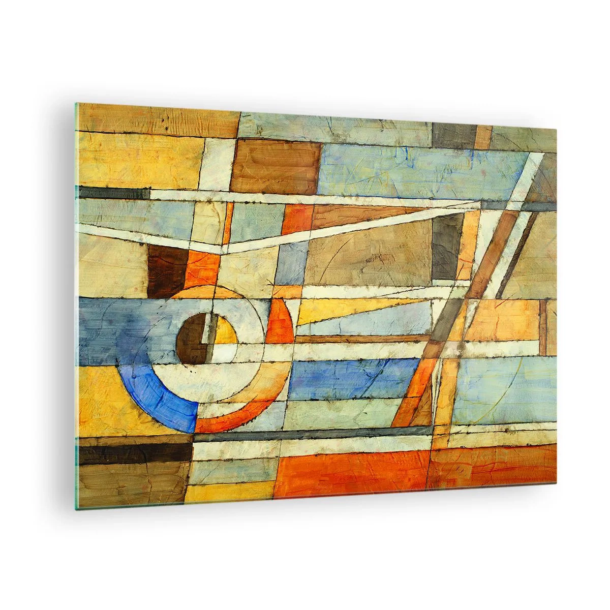 Obraz na skle - Abstraktní kompozice s geometrickými vzory a teplými barvami. - 70x50cm - Kubismus na stavbě - Moderní nástěnná dekorace do obývacího pokoje a ložnice ARTTOR
