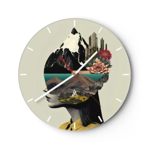 Nástěnné hodiny - Umělecký portrét ženy s krajinou a květinami v hlavě - 30x30cm - Žena – vždy tajemství - Moderní nástěnná dekorace do obývacího pokoje, kuchyně a ložnice ARTTOR