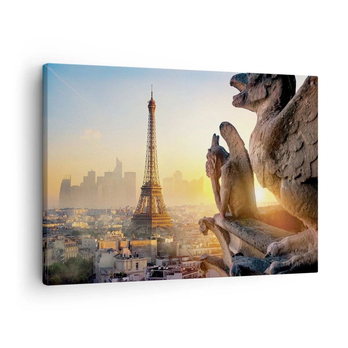 Obraz na plátně - Pohled na Eiffelovu věž s chrliči v pozadí - 70x50cm - Hodně se změnilo… - Moderní nástěnná dekorace do obývacího pokoje a ložnice ARTTOR