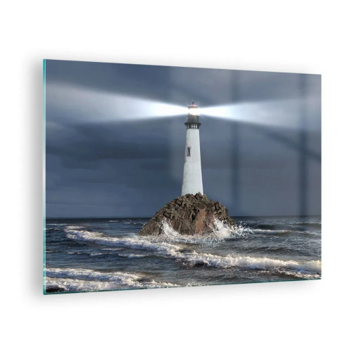 Obraz na skle - Maják na skále uprostřed rozbouřených vln v noci - 70x50cm - Zde…zde…tady! - Moderní nástěnná dekorace do obývacího pokoje a ložnice ARTTOR