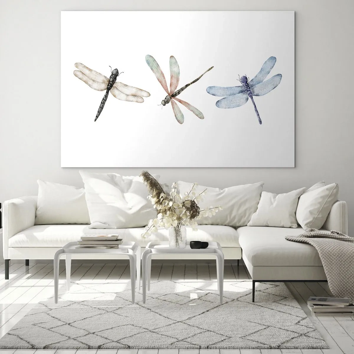 Obraz na skle - Tři barevné vážky na bílém pozadí v jemném akvarelovém stylu - 70x50cm - Beztížné vážky - Moderní nástěnná dekorace do obývacího pokoje a ložnice ARTTOR