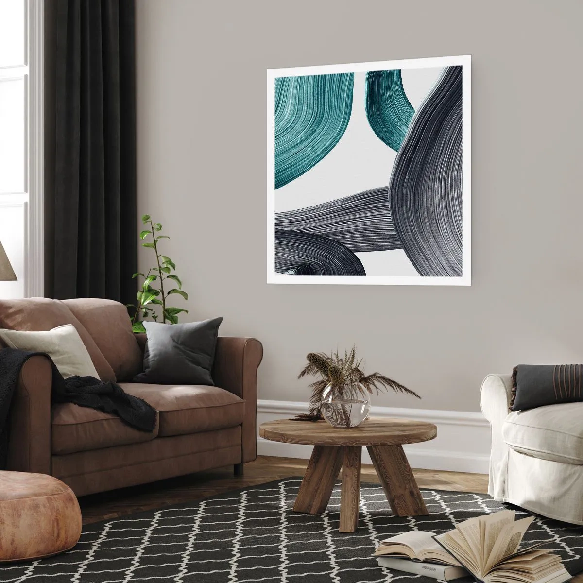 Plakát - Smaragdové a černé vlny - 60x60 cm