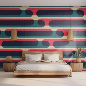 Fototapeta Standard Eco - Geometrický retro vzor v červené, tmavě modré a béžové barvě - 100x70cm - Dovnitř a dopředu - Moderní nástěnná dekorace do obývacího pokoje a ložnice ARTTOR