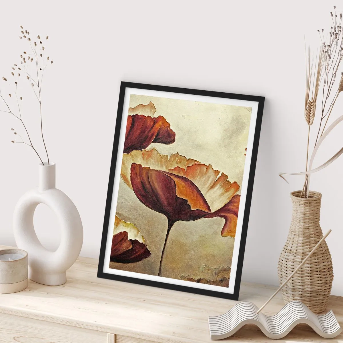 Plakát v černém rámu - Obrázek máků v teplých odstínech - 50x70cm - Lán louky - Moderní nástěnná dekorace do obývacího pokoje a ložnice ARTTOR