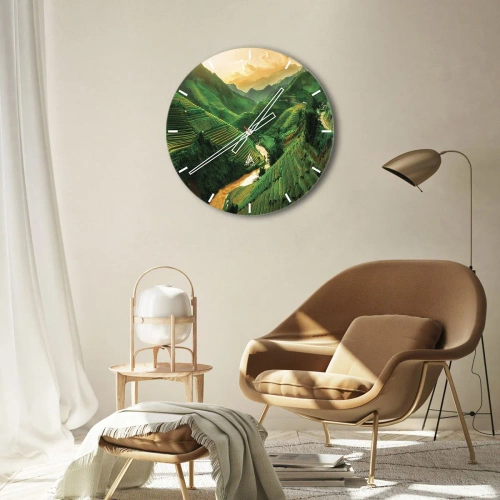 Nástěnné hodiny - Rýžové terasy mezi horami při západu slunce - 30x30cm - Vietnamské údolí - Moderní nástěnná dekorace do obývacího pokoje, kuchyně a ložnice ARTTOR