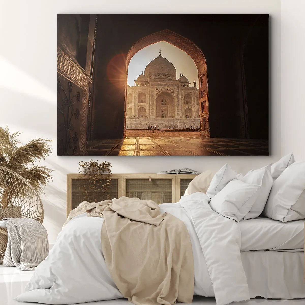 Obraz na plátně - Tádž Mahal ve slunečním světle z brány - 70x50cm - Památník nadpozemské lásky - Moderní nástěnná dekorace do obývacího pokoje a ložnice ARTTOR