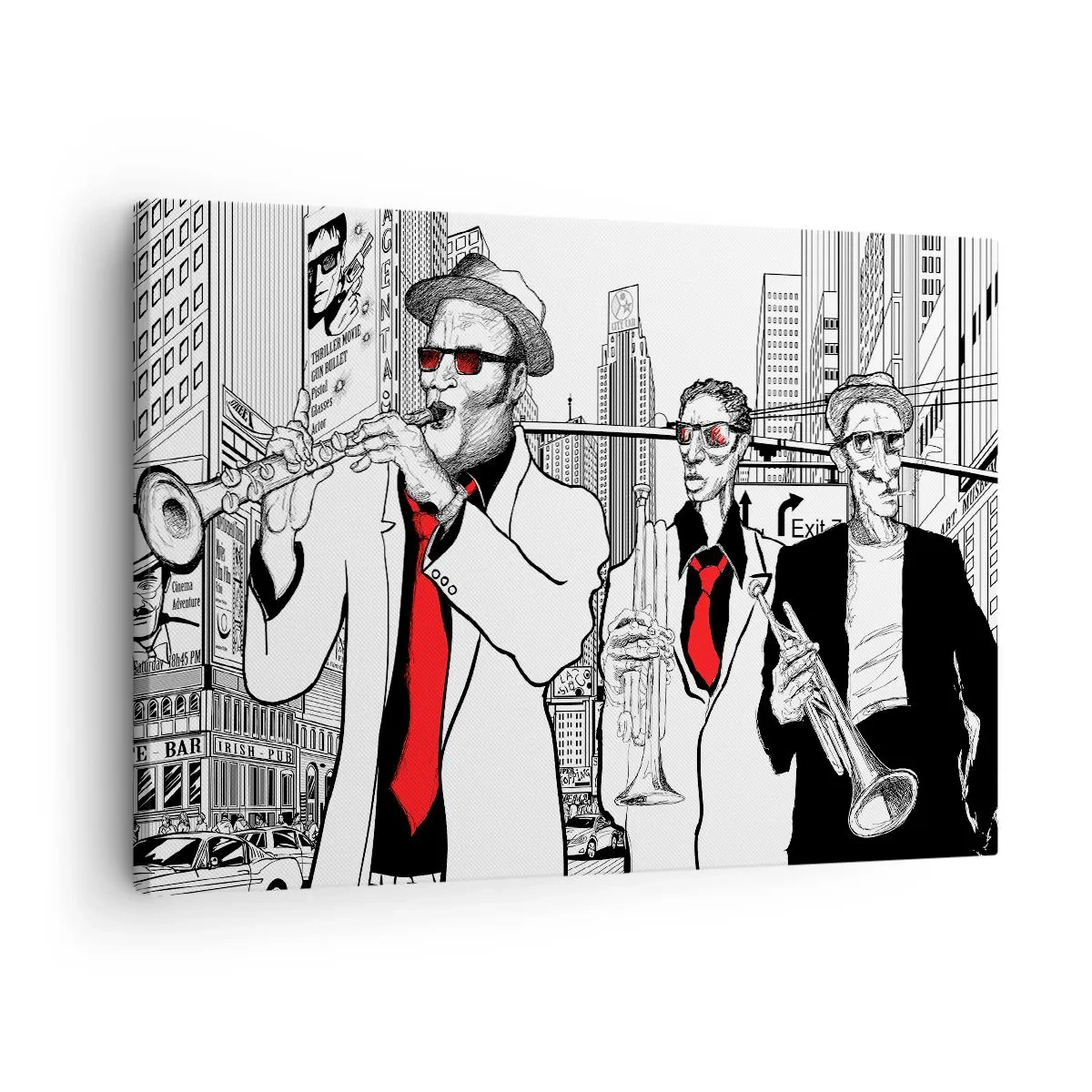 Obraz na plátně - Ilustrace jazzových hudebníků na městském pozadí - 70x50cm - Městská rapsodie v černé a červené - Moderní nástěnná dekorace do obývacího pokoje a ložnice ARTTOR
