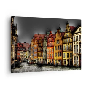 Obraz na plátně - Barevné činžovní domy na dlážděné ulici v historickém městě - 70x50cm - Chybí jenom kouzelná drožka - Moderní nástěnná dekorace do obývacího pokoje a ložnice ARTTOR