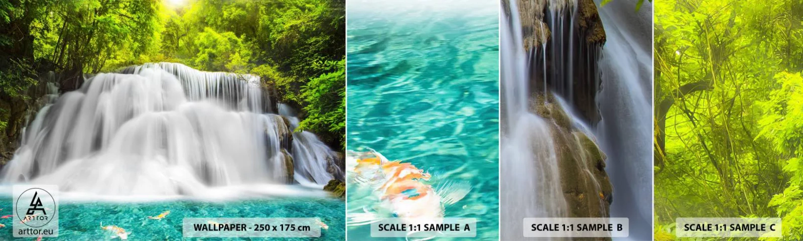 Vzor Fototapety Samolepicí Deluxe Sticker - Zpěněným vodopádem od zeleně k modré - Krajina, Vodopád, národní park - 100x30 cm