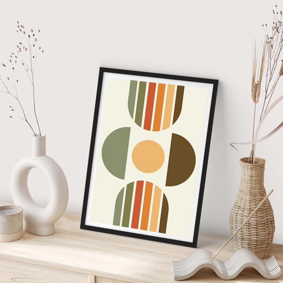 Plakát v černém rámu - Abstraktní geometrický vzor v zemitých tónech s kruhy a půlkruhy - 50x70cm - V barvách země - Moderní nástěnná dekorace do obývacího pokoje a ložnice ARTTOR