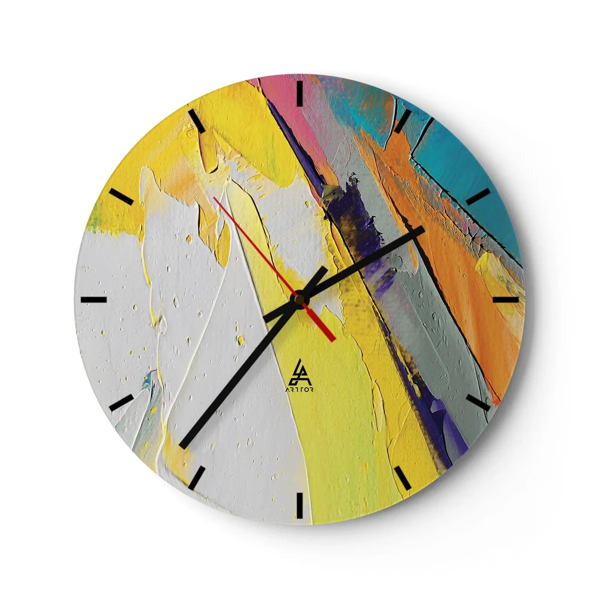 Nástěnné hodiny - Barevná abstrakce s převahou žluté, bílé a modré - 30x30cm - Anatomie světla - Moderní nástěnná dekorace do obývacího pokoje, kuchyně a ložnice ARTTOR