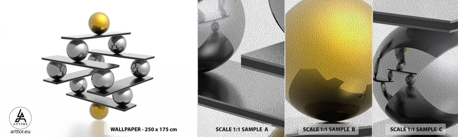 Vzor Fototapety Premium Sand - Zlato-stříbrná rovnováha - Abstrakce, Kovové koule, 3D - 100x30 cm