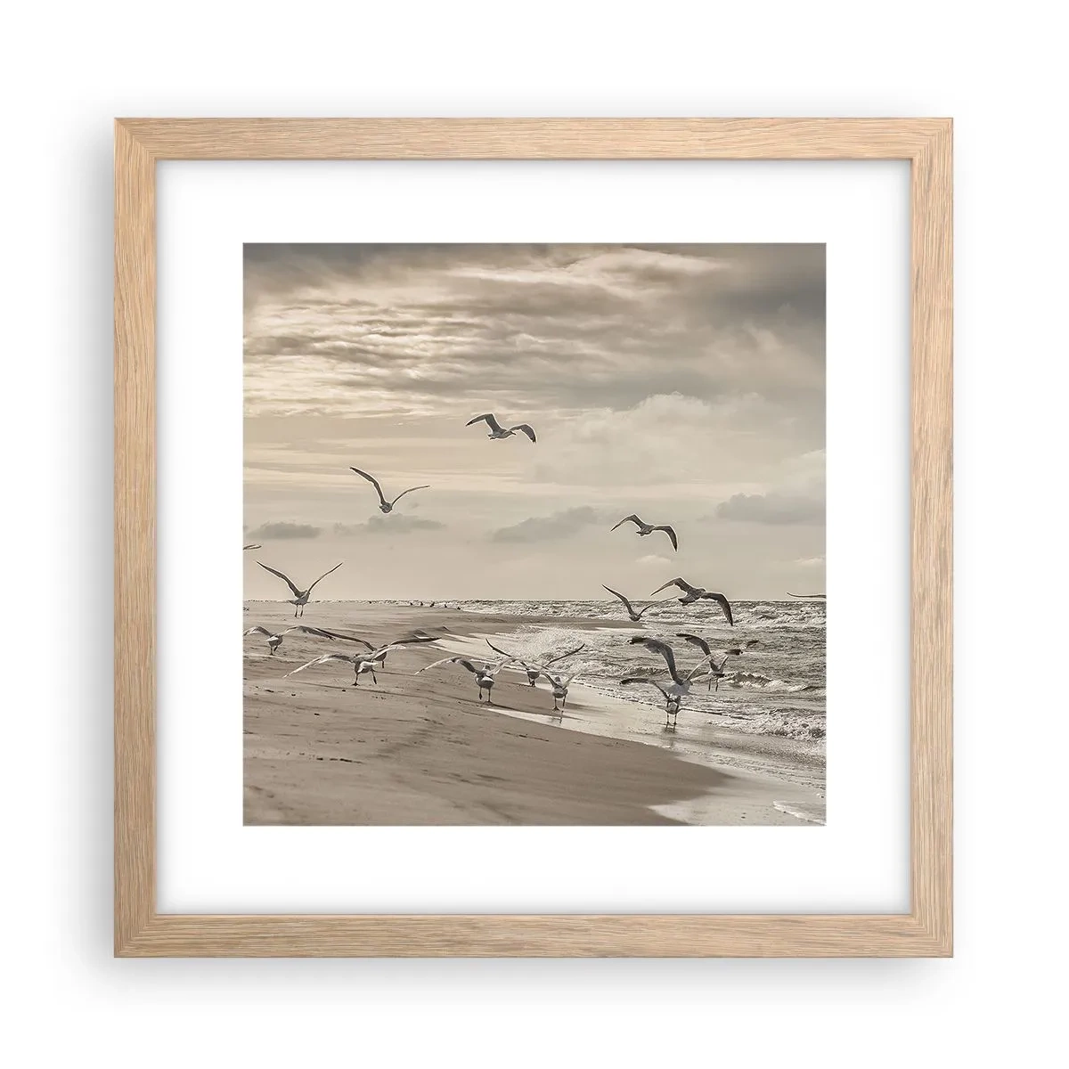 Plakát v rámu světlý dub - Šumění moře, zpěv ptáků - 30x30 cm