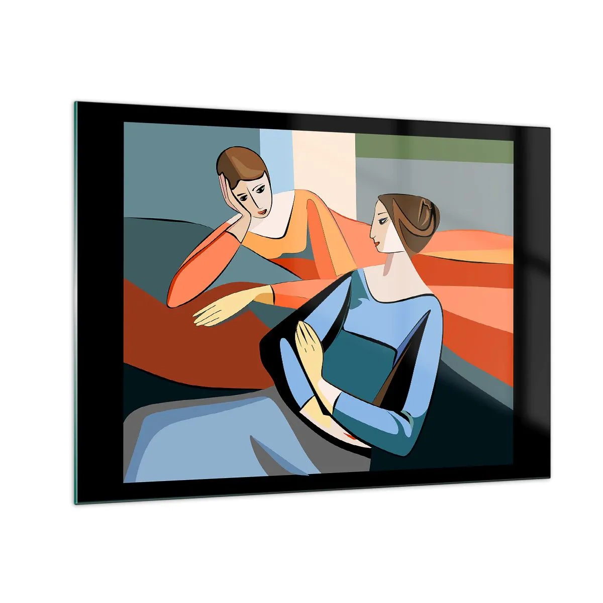 Obraz na skle - Geometrická scéna rozhovoru mezi dvěma ženami na pozadí interiéru. - 70x50cm - Chvíle svěření - Moderní nástěnná dekorace do obývacího pokoje a ložnice ARTTOR