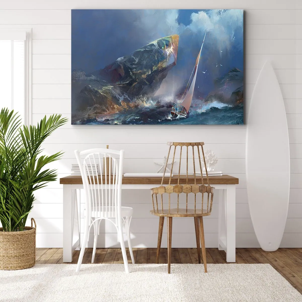 Obraz na plátně - Plachetnice v bouři na úpatí mohutné skály - 70x50cm - Kdo má odvahu, vyhrává - Moderní nástěnná dekorace do obývacího pokoje a ložnice ARTTOR