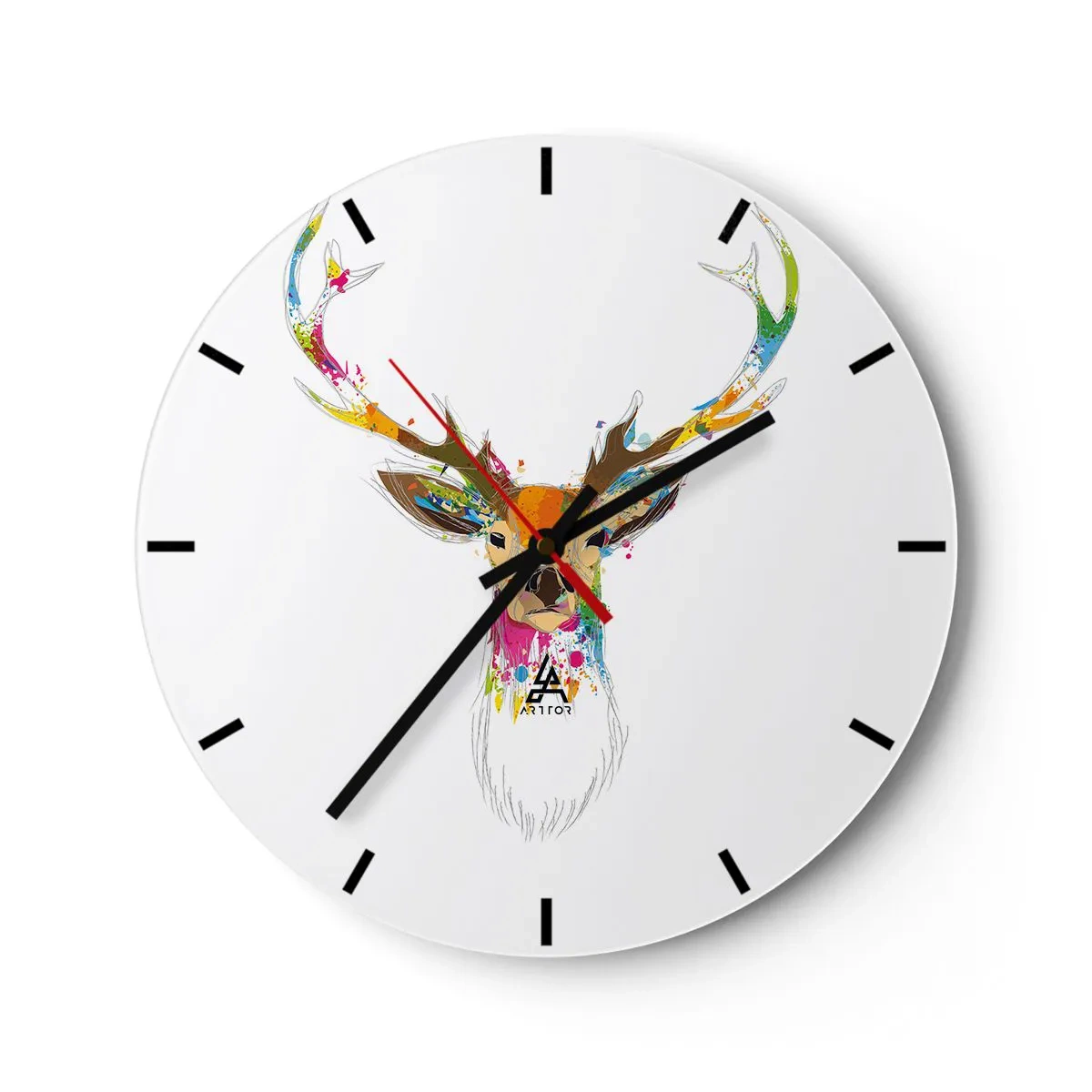 Nástěnné hodiny - Umělecká jelení hlava plná barevných akcentů - 30x30cm - Líbezný jelínek vykoupaný v barvě - Moderní nástěnná dekorace do obývacího pokoje, kuchyně a ložnice ARTTOR